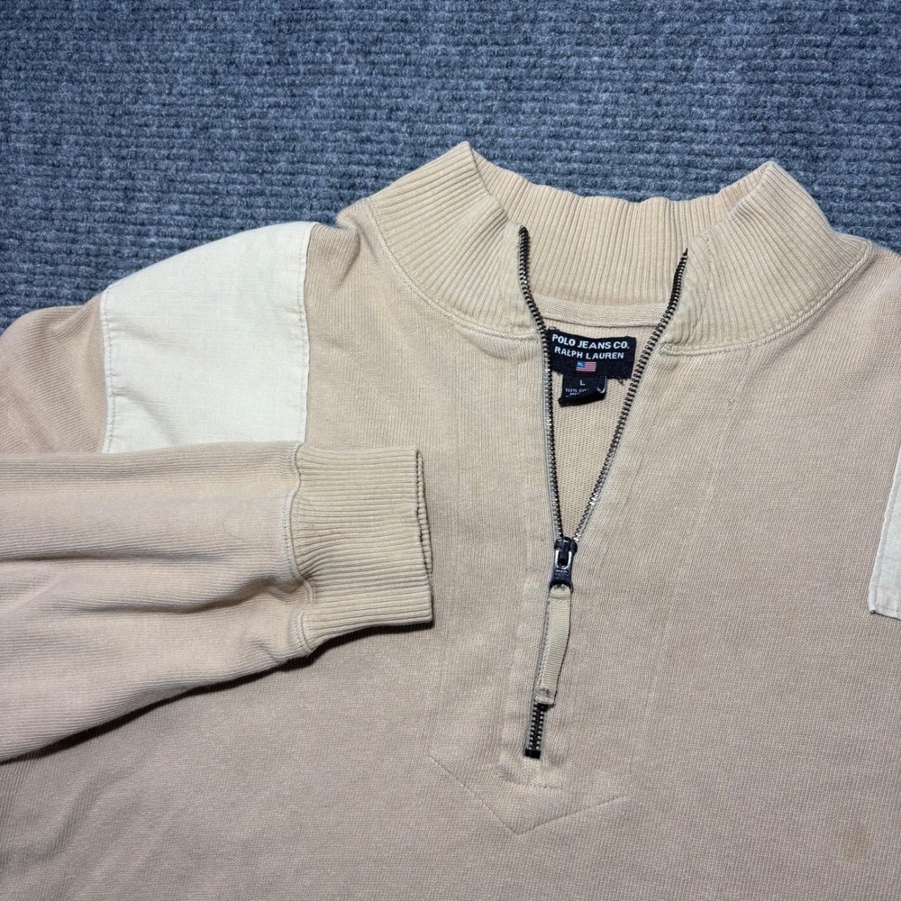 Vtg Polo Jeans Co Ralph Lauren Men L Quarter Zip Sweater Tan Utility 100% Cotton